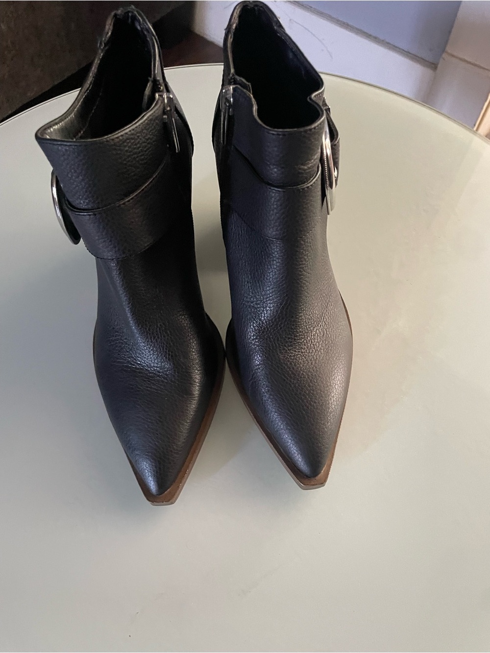 Vince Camuto Black Pointed Toe Ankle Booties with Side Buckle